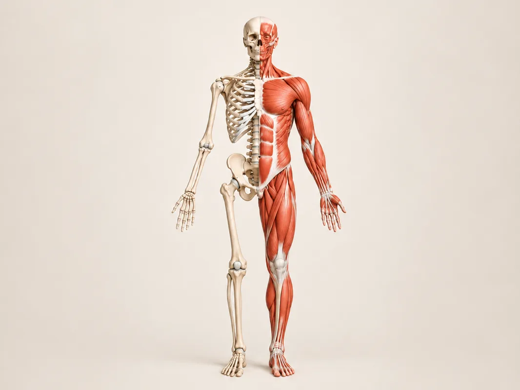 Full-length anatomical illustration showing the skeleton on one side and the muscles on the other