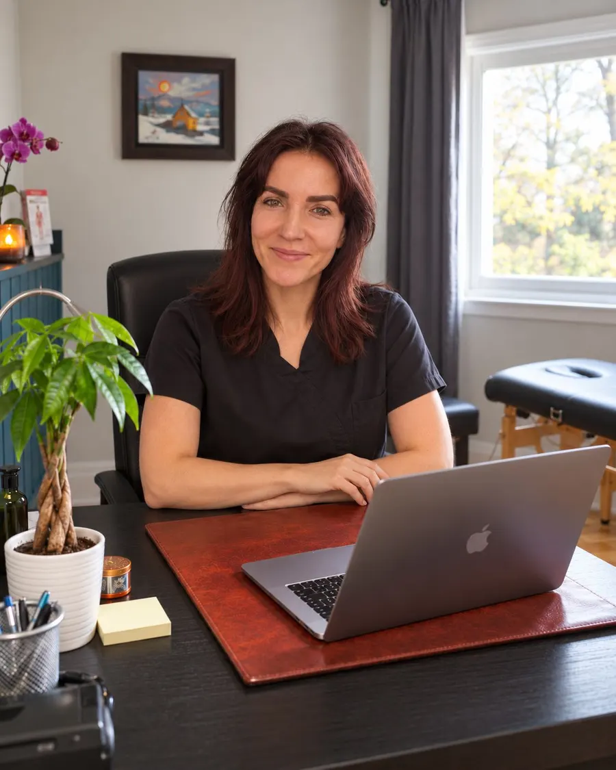 Mathilde Hervieux at her desk in the clinic