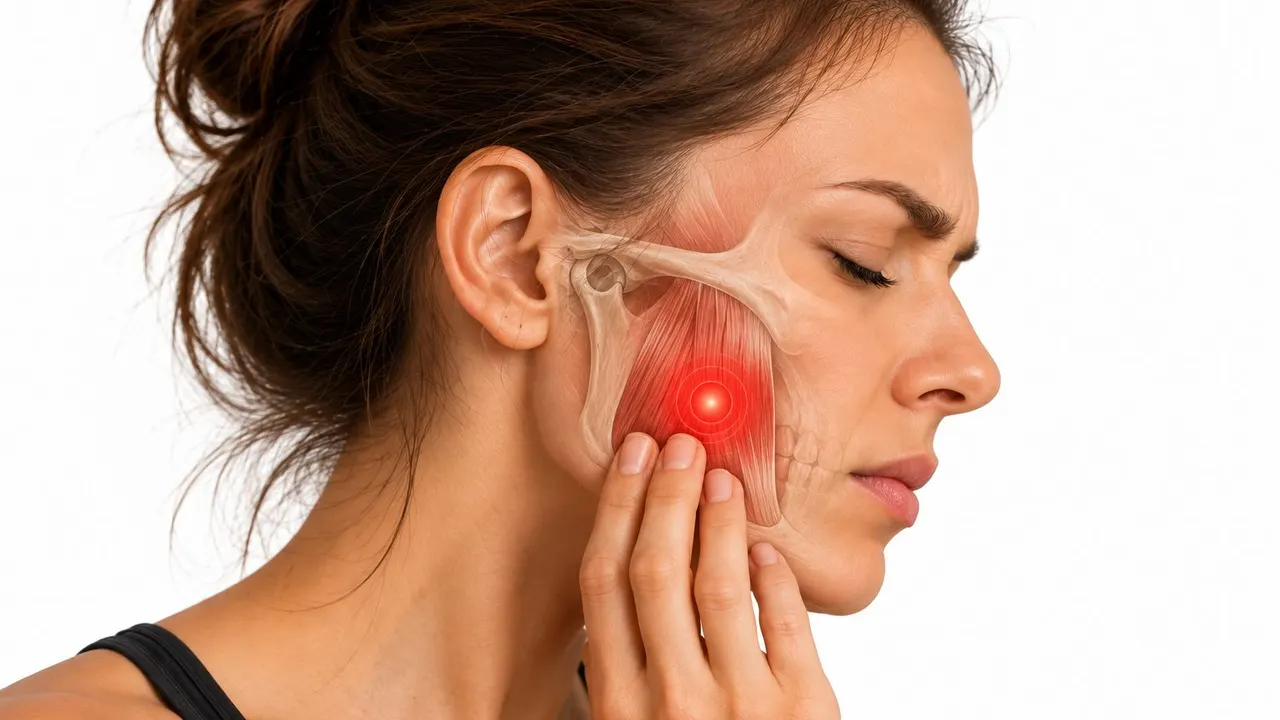 Illustration of a woman in profile with a hand on her jaw, the jaw joint highlighted in red