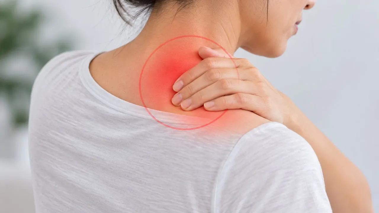 Illustration of a person holding their shoulder and neck, highlighted in red