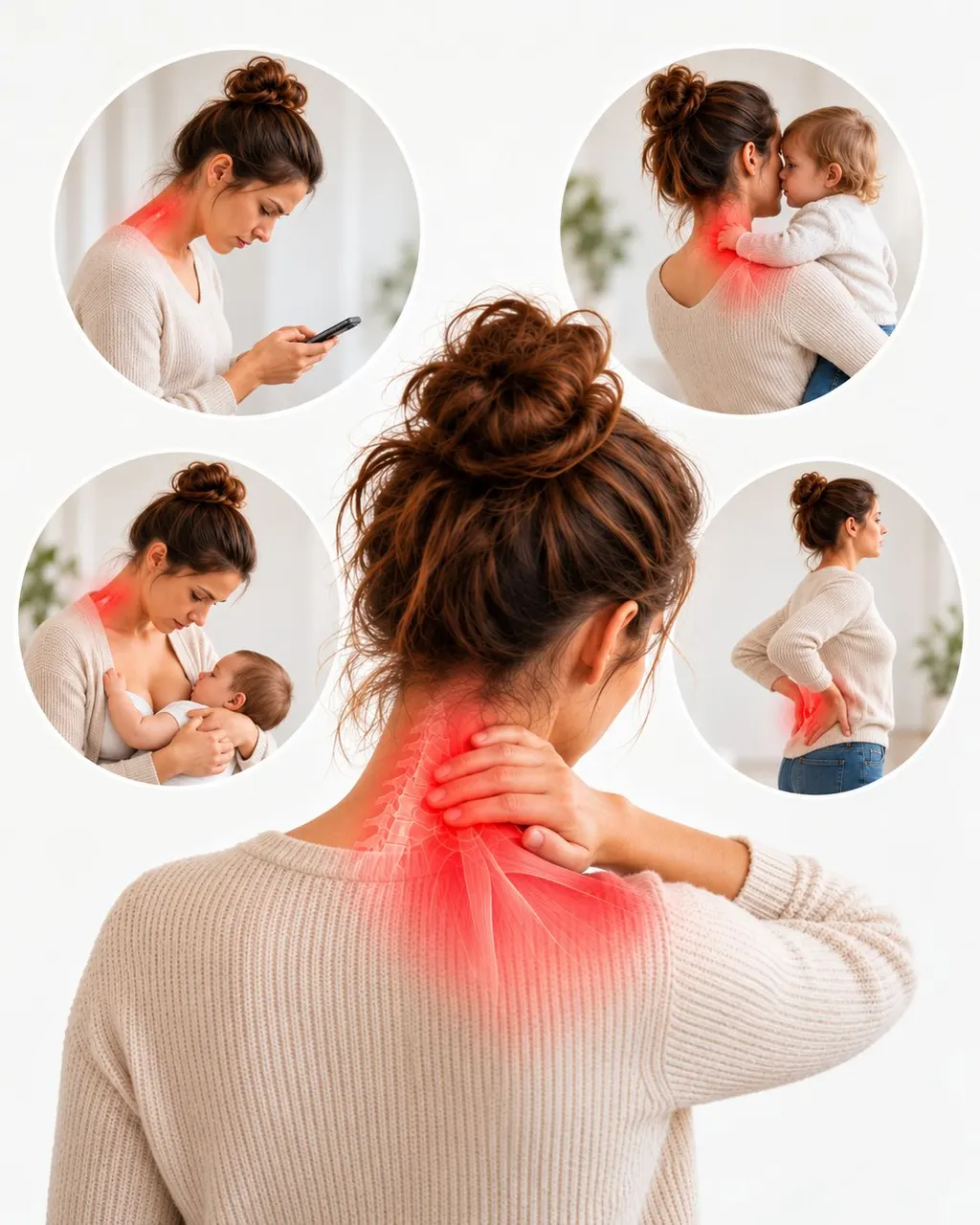 Illustration of a woman in profile with a rounded back, the spine and shoulder highlighted in red
