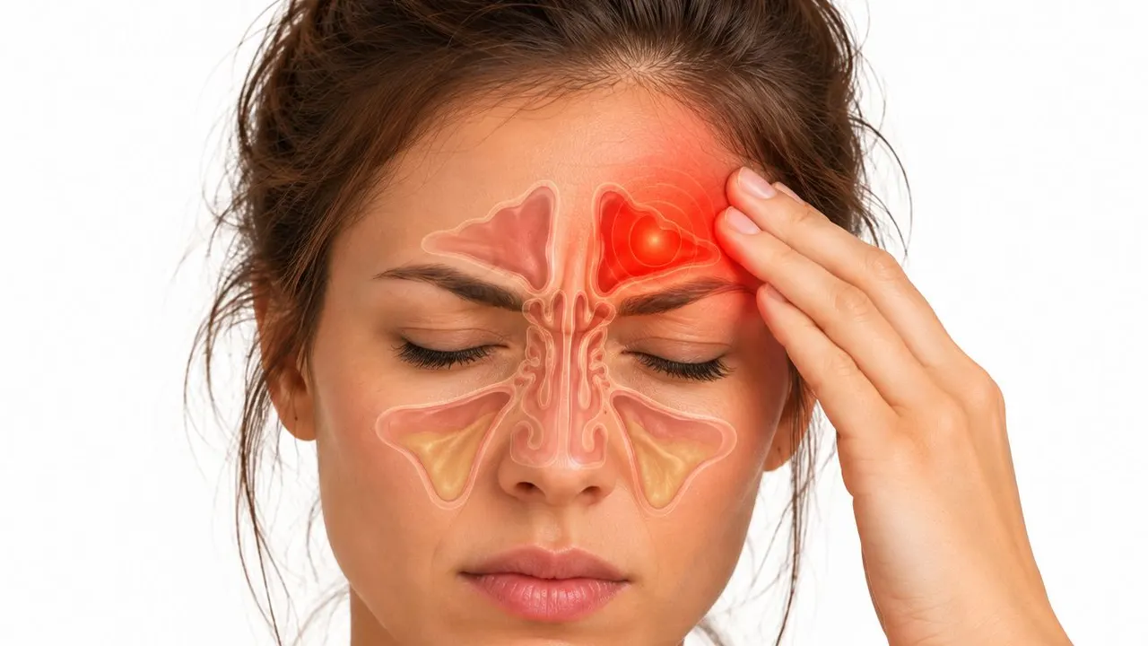 Illustration of a woman's face with the sinuses overlaid, a hand on her forehead highlighted in red